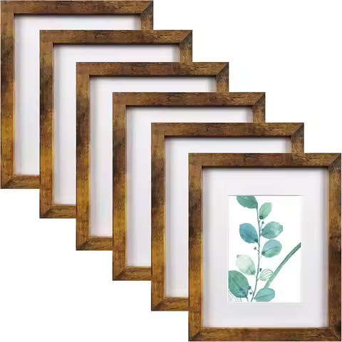 Set of 6 Brown Picture Frames, Display 5x7 with Mat or 8x10 without Mat, Wall or Tabletop Use