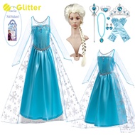 Disney Frozen Elsa Baby Dress For Kids Girl Mesh Sequined Snow Queen Princess Dresses Cloak Wig Crown Nail Stickers Accessories Kid Clothes Children Wear