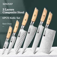 Murah Kitchen Chef 6Pcs Set Knife Clad Steel Meat Cleaver Fruit P