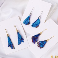 Natural Crystal Plating Black Tourmaline Rough Stone Earrings Black Tourmaline Blue Feather Earrings Mineral Label Earrings Accessories Wholesale