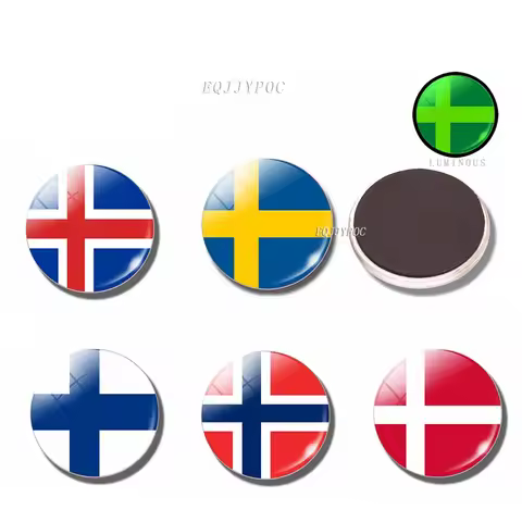 Luminous Fridge Magnet Europe Countries Flag Finland Sweden Norway Iceland Denmark 30MM Glass Refrig