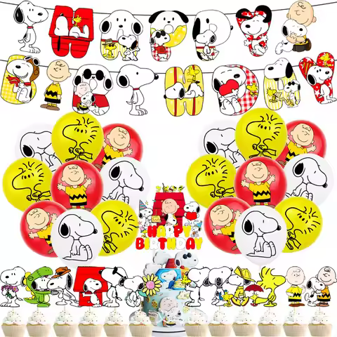 Hot cartoon Snoopy Birthday Party dinnerware Disposable Banner Cake Topper Hanging Flag Balloons Bir