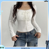 Bandage Folds Square Collar Crop Top Women Fairycore y2k W hite T Shirts Basic Knitted Elegant Tees 