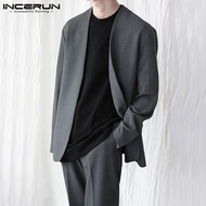 [สมบูรณ์แบบ] INCERUN Mens Open Front Thin Jackets Long Sleeve Collarless Henley Blazer Cardigan