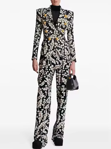 HIGH QUALITY 2026 Designer Runway Suit Set Women's Redcurrant Printed Snail Buttons Blazer Jacket Pa