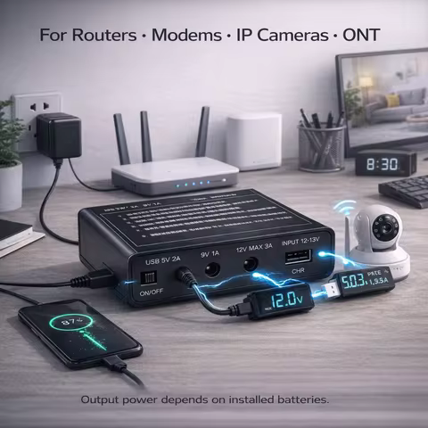 Professional DC UPS Power Backup, 12V 3A 9V 1A USB 5V 2A, Replaceable 18650 Battery Design for Netwo