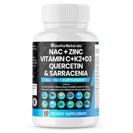 NAC Supplement N-Acetyl Cysteine 1000mg Vitamin C Vitamin D3 K2, Zinc, Sarracenia Purpurea 1000mg Qu