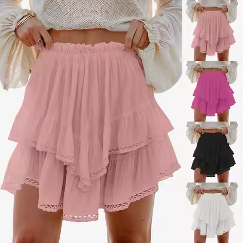 Spring Thin Skirt Women Flowy Ruffled Layered Shorts Elastic High Waist Pleated Mini Skirt Summer Ch