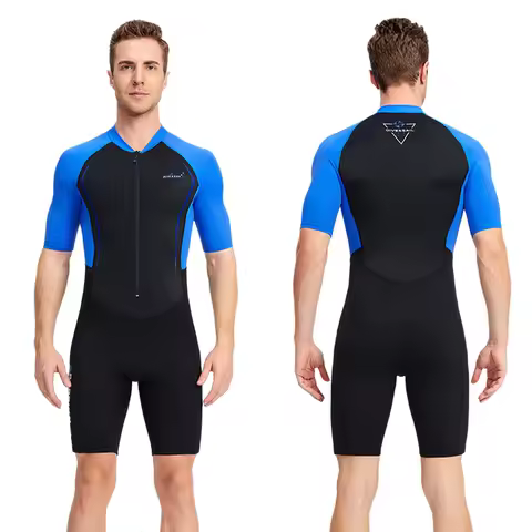 Men One Piece Shorty Wetsuit 1.5mm Neoprene Short Sleeve Front Zip Color Block Lightweight Quick Dry