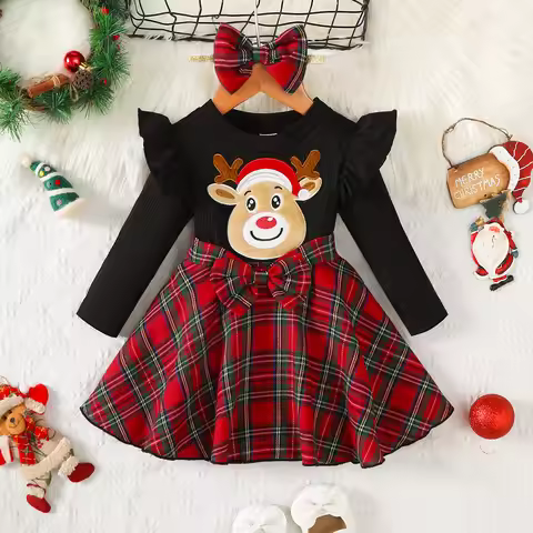2Pcs Christmas Baby Girl Dress Reindeer Plush Long Case Red Checkered Long Sleeved Dress for 1-4 Yea
