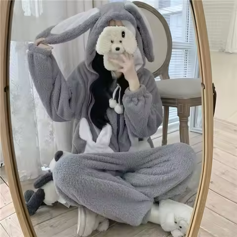 Bunny Hooded Onesies Women Kigurumi Pajamas Cute Pijama Winter Warm Sleepwear Kawaii Female Nightwea