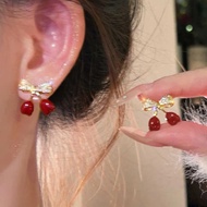 Red Flashing Diamond Bow Earrings Sweet Simple Temperament Earrings