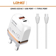 LDNIO A2316C 20W Fast Charge Charger QC3.0 + PD USB-C Fast Charge UK Travel Charger