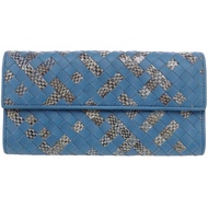 近全新 Bottega Veneta Intrecciato 皮革/Ayers 皮革藍色長款皮夾 1269 [二手] BOTTEGAVENETA