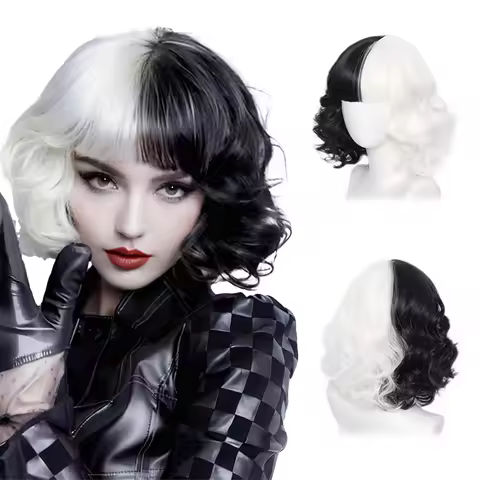 Half-Black And Half-White Cruella Cosplay Synthetic Hair 12-Inch Short Curly Hair Halloween Daily Pa