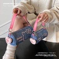 Cylindrical Embroidery Bag Messenger Bag Denim Value Mini Cat Hand Bag High-Face Cute Parent-Child P