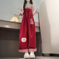 Sweet Plaid Red Suspenders Pants Set - Perfect for Autumn/Winter