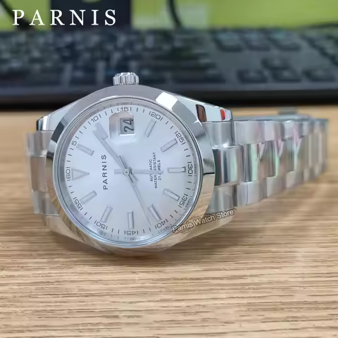 Parnis 39.5mm Automatic Men's Wristwatch White Dial Luminous Marker Polished Solid 316L Stainless St