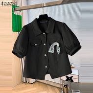 ZANZEA เสื้อลำลองแขนสั้นปกคอพับสั้นสำหรับผู้หญิงใส่ในฤดูร้อนเสื้อสีทึบลูกไม้ลายหัวใจติดกระดุม #1013