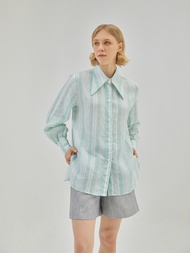 BIRUCHU SUGUS SHIRTS : เสื้อเชิ้ต แขนยาว ผ้าลินิน ลายทาง สีเขียวพาสเทล