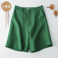 Cotton Linen Shorts Women High Waist Casual Wide Leg Pants Women Linen Middle Pants All-Match Straig