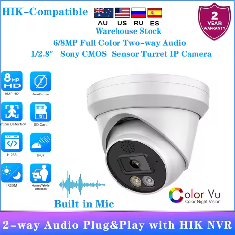 Hikvision Compatible 6/8MP Full Color Two-way Audio Turret IP Camera Vehicle Human Detection IP66 Ou