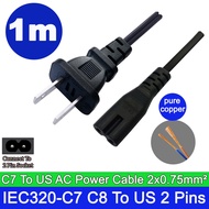 สายไฟ เพาเวอร์ แบบ 2รู 2Pin ยาว 1M  คุณภาพดี ( US to IEC 320 C7 Figure 8 2 Pin AC Power Cord ) For Printer Monitor TV