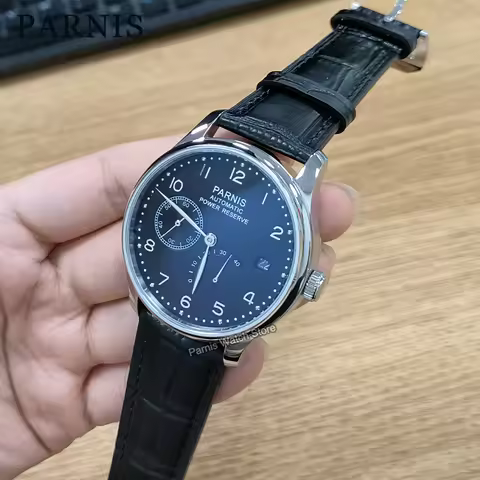 43mm Parnis Power Reserve Automatic Movement Black Dial Men's Mechanical Watch Small Second