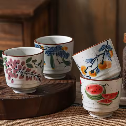 170ml Hand-Painted Watermelon Ceramic Tea Cups Set, 4 Pieces Saki Wine Cup Set, Floral Teacups for T