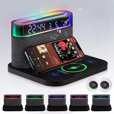 6-in-1 Bluetooth Alarm Clock – Wireless Charger, Speaker Night Light (3 Colors) for IPhone, Apple Wa