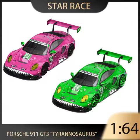 STAR RACE 1:64 Porsche 911 GT3 R Tyrannosaurus 77 AO Racing 2024 IMSA Rexy Roxy Alloy Diecast Car Mo