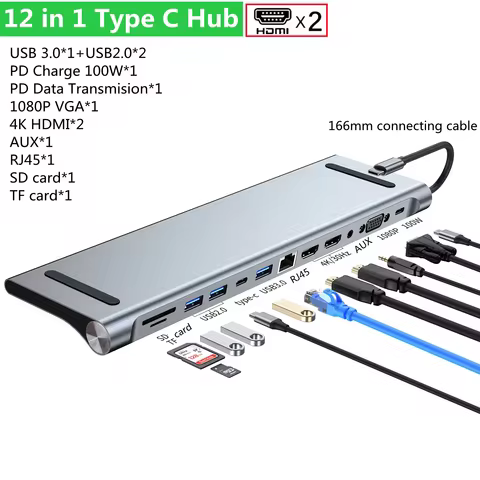 FC&EC 11/12-in-1 Type C Dock USB C Hub 3.0 Splitter Multiport Adapter 4K RJ45 SD/TF VGA HDMI-compati