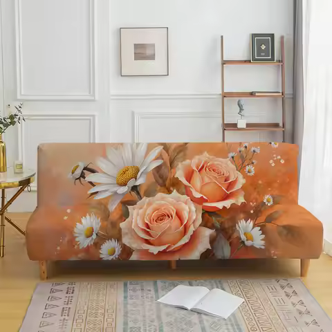 Warm orange retro rose print sofa bed cover, living room sofa bed cover, dustproof machine washable 
