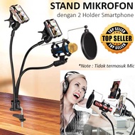 Fleksibel Stand Mikrofon & 2 x Lazypod Smartphone Holder + Pop Filter Stan Mic Pendek Tiang Mix Dudu