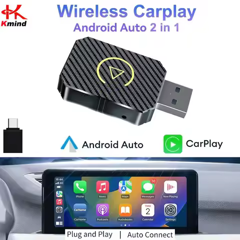 K&M Wireless Carplay Adapter & Android Auto AI Box, 2 in 1 Wired to Wireless Dongle, Plug and Play B