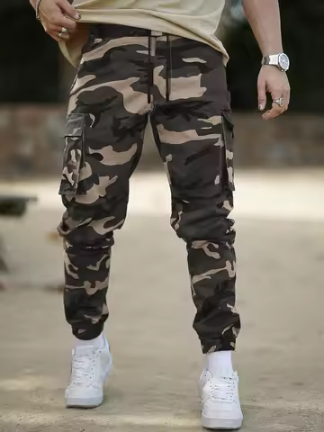 Camouflage Pattern Multi Pocket Cargo Panst, Men's Casual Cotton Joggers Sweatpants For All Seasons