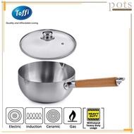 Toffi High Quality Stainless Steel Wooden Handle Deep Saucepan Milk Pot with Spout (18cm/20cm/22cm) 