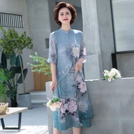 Middle-aged Elderly Printed Chiffon Dress Mother's Dress Over-the-Knee Middle-Aged Middle-Aged Elder