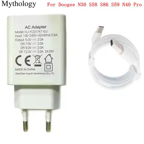 Power Adapter for Doogee N30 S58 S86 S59 N40 Pro Type-C USB Cable12V2A 24W Fast Charging Quick Charg