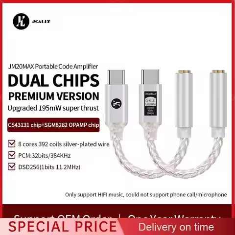 Jcally JM20 Max Dac Type C To 3.5mm Adapter Dongle CS43131 + SGM8262 Chip Amplifier USB C for 3.5mm 