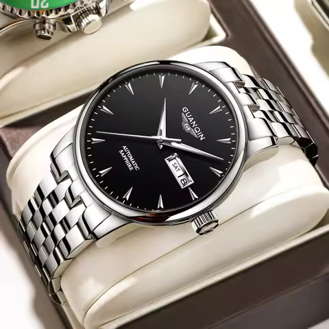 GUANQIN Men's Watches Automatic Mechanical Dual Calendar Window Steel Leather Business Leisure Lumin