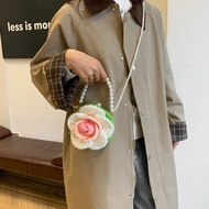 MZB 1 Piece Finished Product New Style Contrast Color Flower Wool Bag Pearl Chain Portable Shoulder 