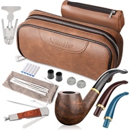 Scotte Handmade Pipe Set, Leather Pipe Pouch, Wood Pipe and Accessories (Scraper/Stand/Filter Elemen