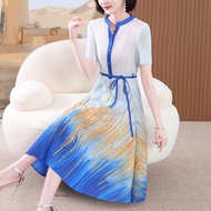 ✎✢► Aiden001 S3267 Average Size Blue Wide Wife Pleated Large Size Womens Mother Long Stand Collar Ti