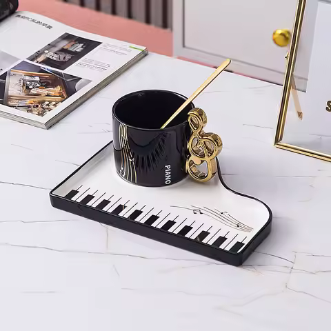 Nordic Creative Piano Black and White Key Ceramic Coffee Cup with Spoon Mug Exquisite Cappuccino Cof