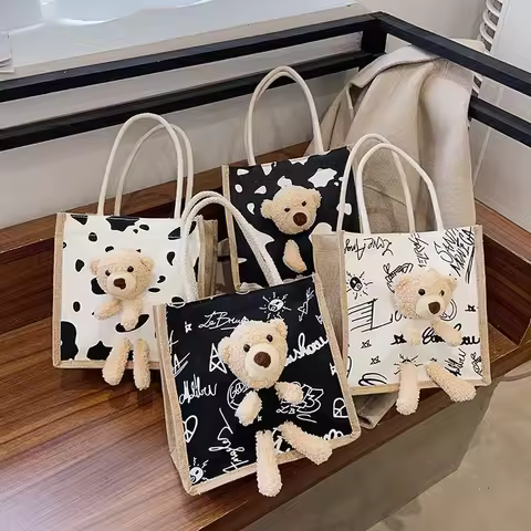 Cute Bear Tote Bag Canvas Girls Bag Student Coin Purse Gift Bag Simple Fashion Canvas Bag Canvas Bag