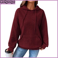 Women Fall Winter Hoodie Thick Waffle Texture Hooded Long Sleeves with Big Pocket Solid Color Loose 
