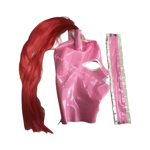Pink Latex Hood, 2 Red Ponytails, 2 White Bows, Open Mouth Eyes Nostrils, Removable Pink Neck Collar