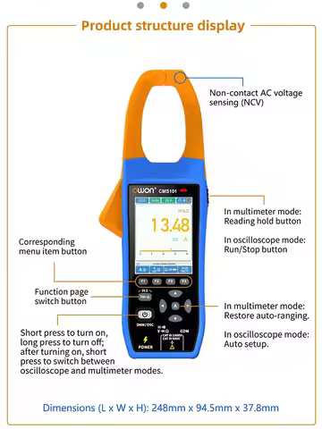 Owon CMS101 3 in 1 1000A AC/DC Clamp Meter+ Oscilloscope Bluetooth Recorder Function 18650 Lithium B