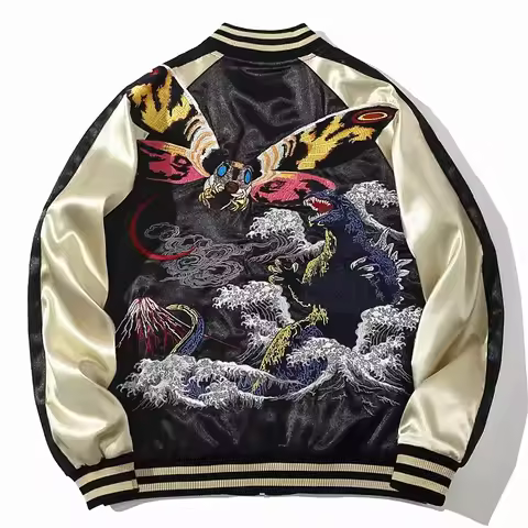 Vintage Plus Size Men Boys Loose Embroidered Japanese Sukajan Souvenir Jacket Hip Hop Oversized Coat